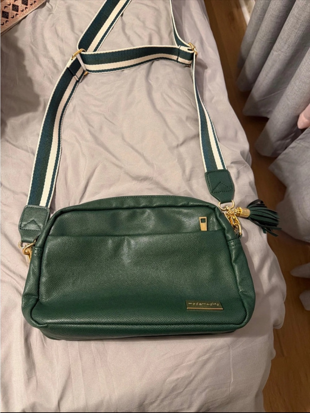 Green Crossbody Bag with Striped Adjustable Strap
